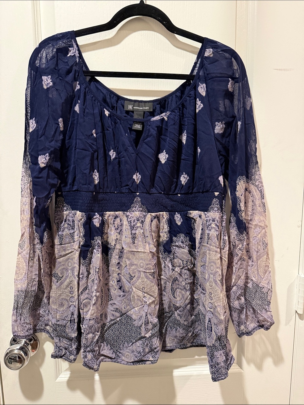 INC International Concepts Navy and Cream Paisley Peasant Tunic